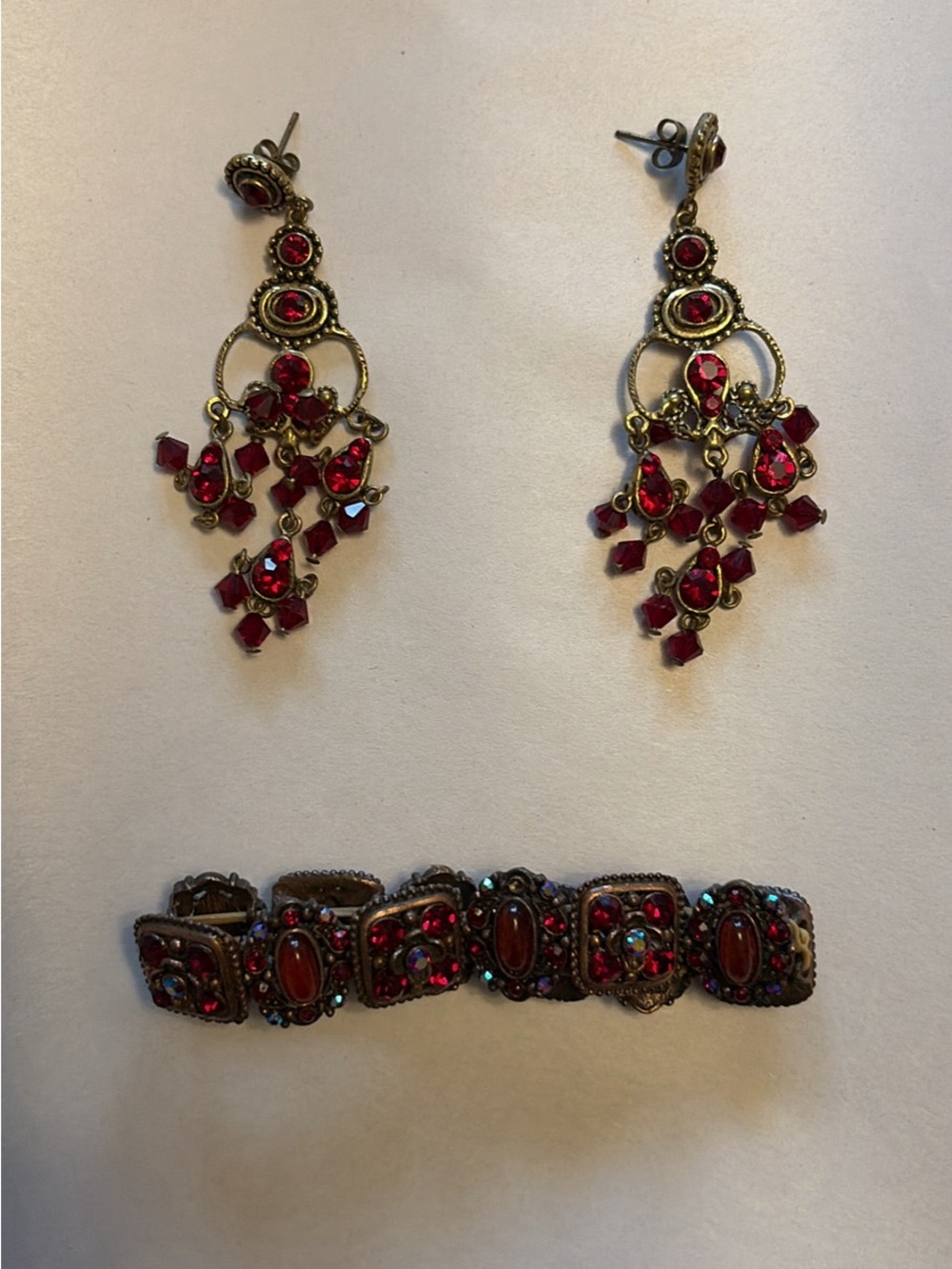 Vintage-Inspired Red Crystal Chandelier Earrings and Bracelet Set